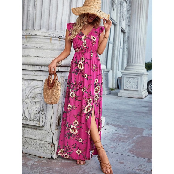 boho Floral Print Ruffle Trim Slit Thigh maxi Dress (Without Belt) - Picture 7 of 11